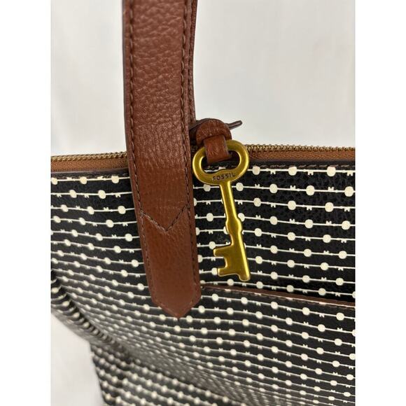 Fossil Rachel Leather Black Striped Tote Purse Classic Brown Black - Picture 9 of 16